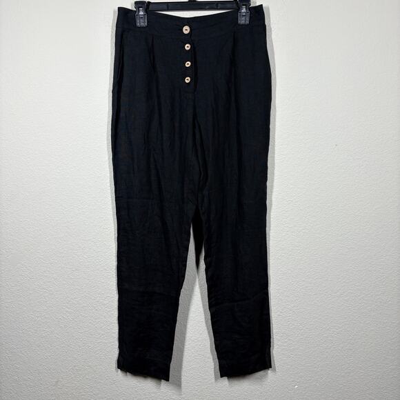 Old Linen Mill Pants - Old Linen Mill Button Linen Pants Black Pleated High Waisted Straight
